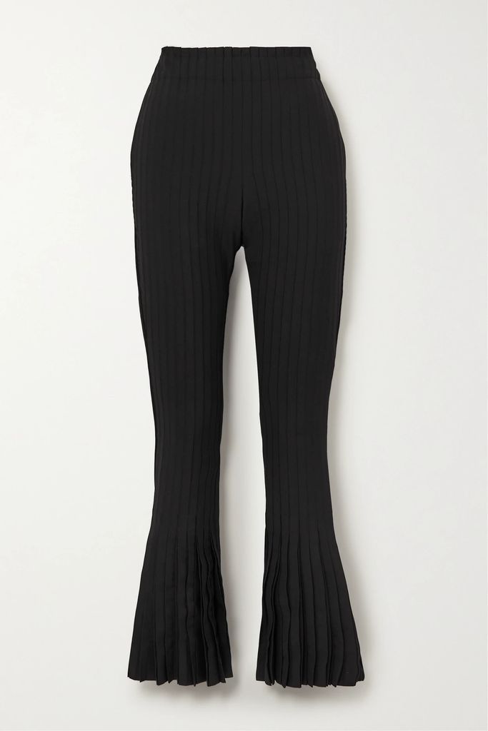 Ribbed Pleated Woven Flared Pants - Black