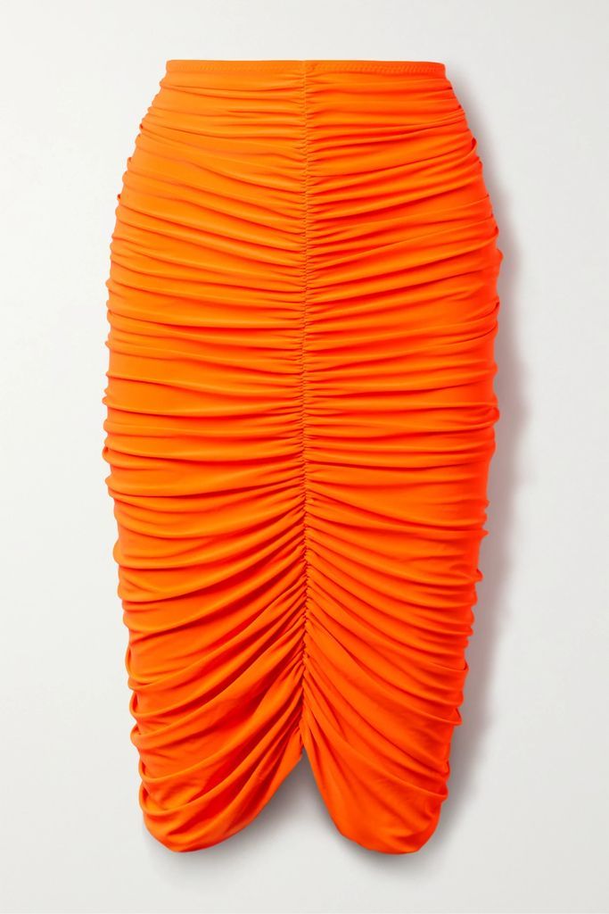 Ruched Neon Stretch-jersey Skirt - Orange
