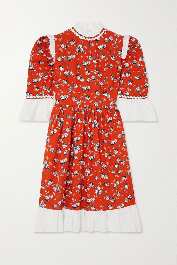 Ruffled Printed Cotton-poplin Mini Dress - Red