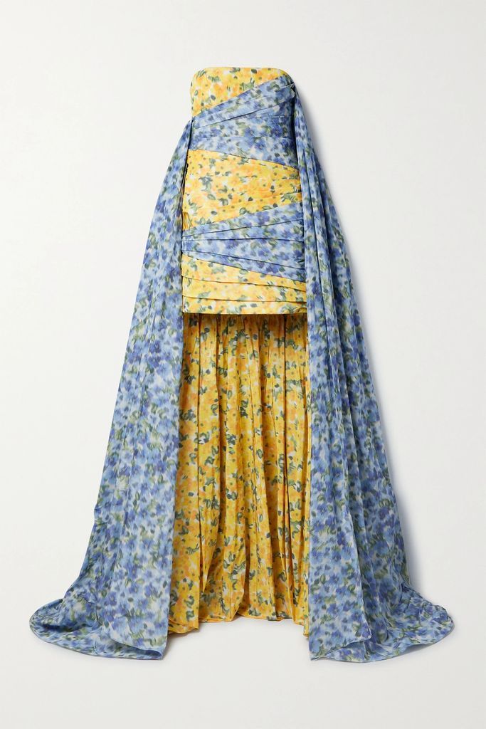Strapless Cape-effect Floral-print Taffeta Gown - Blue