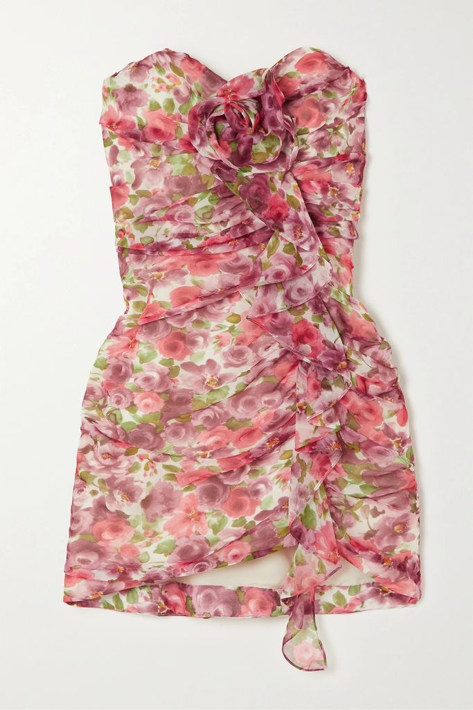 Strapless Gathered Appliquéd Floral-print Silk-georgette Mini Dress - Pink