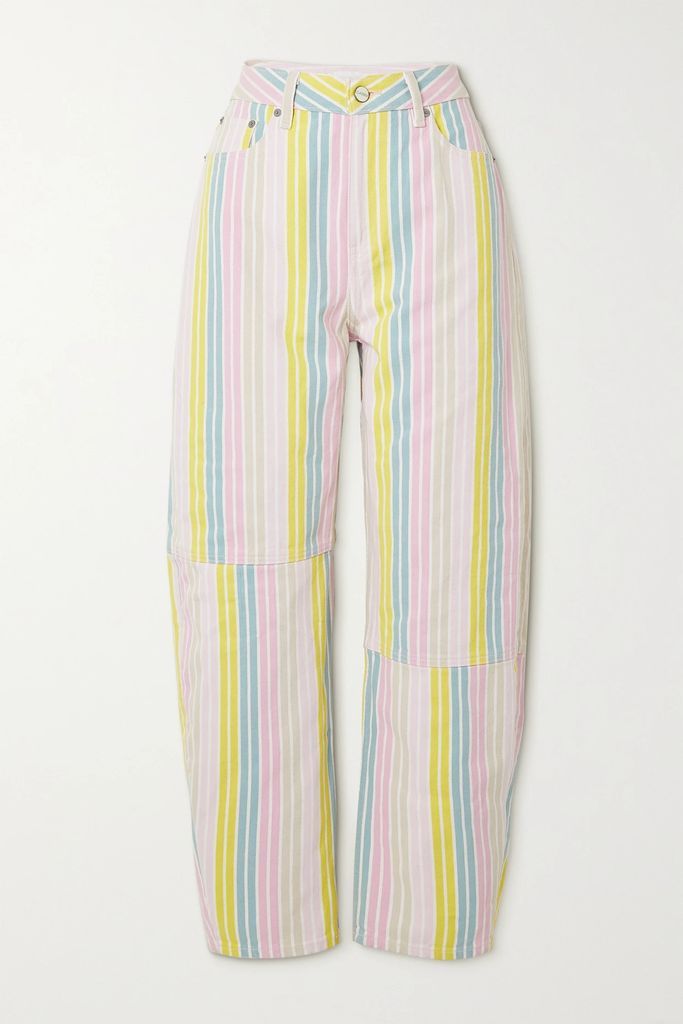 Striped Paneled Printed High-rise Tapered Jeans - Pink