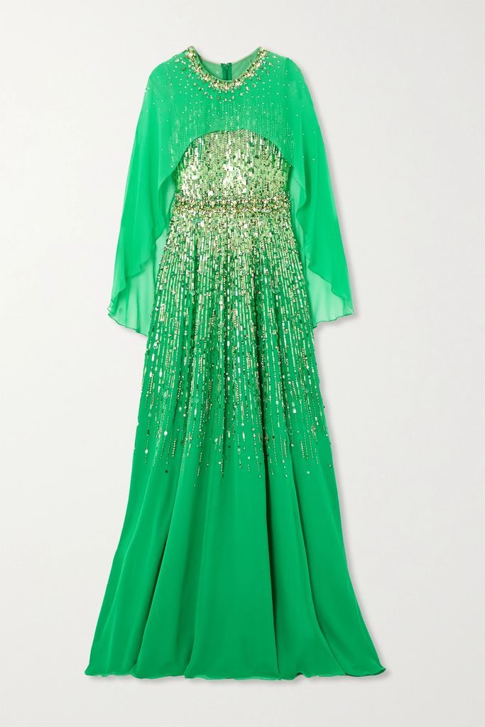 Suri Cape-effect Embellished Silk-chiffon Gown - Green