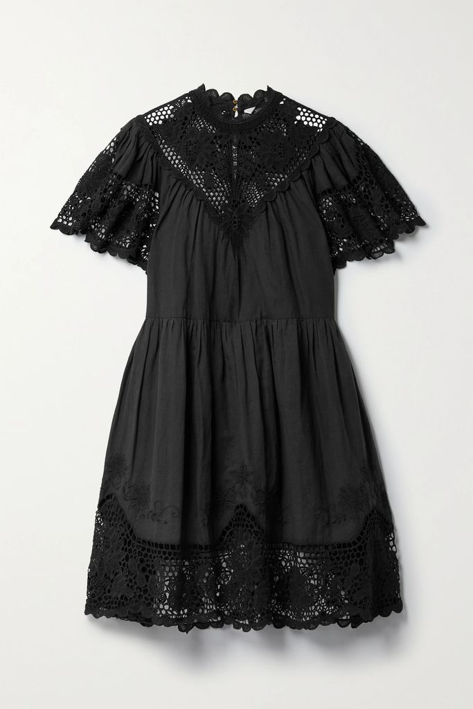 Tallulah Guipure Lace-trimmed Linen And Cotton-blend Dress - Black