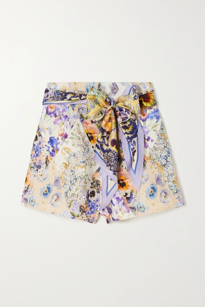 Tama Belted Floral-print Linen Shorts - White