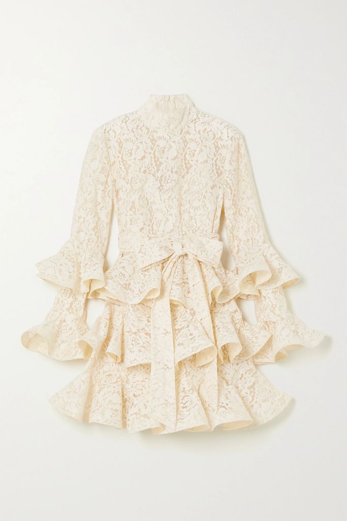 Tama Belted Ruffled Tiered Lace Mini Dress - Cream