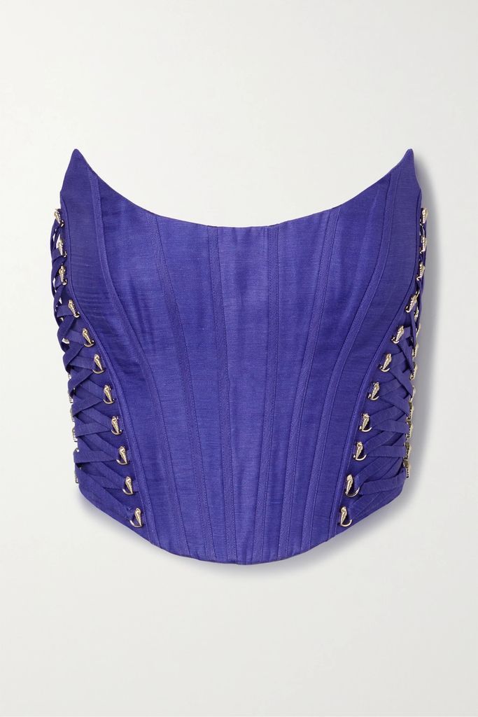 Tama Strapless Embellished Linen And Silk-blend Bustier Top - Blue