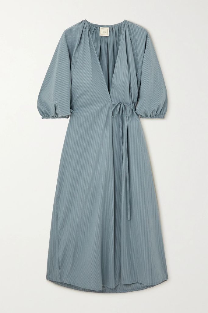 The Fold Striped Organic Cotton-poplin Midi Wrap Dress - Blue