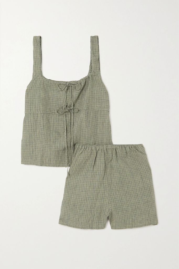 The Rise Short Gathered Checked Linen Top And Shorts Set - Green