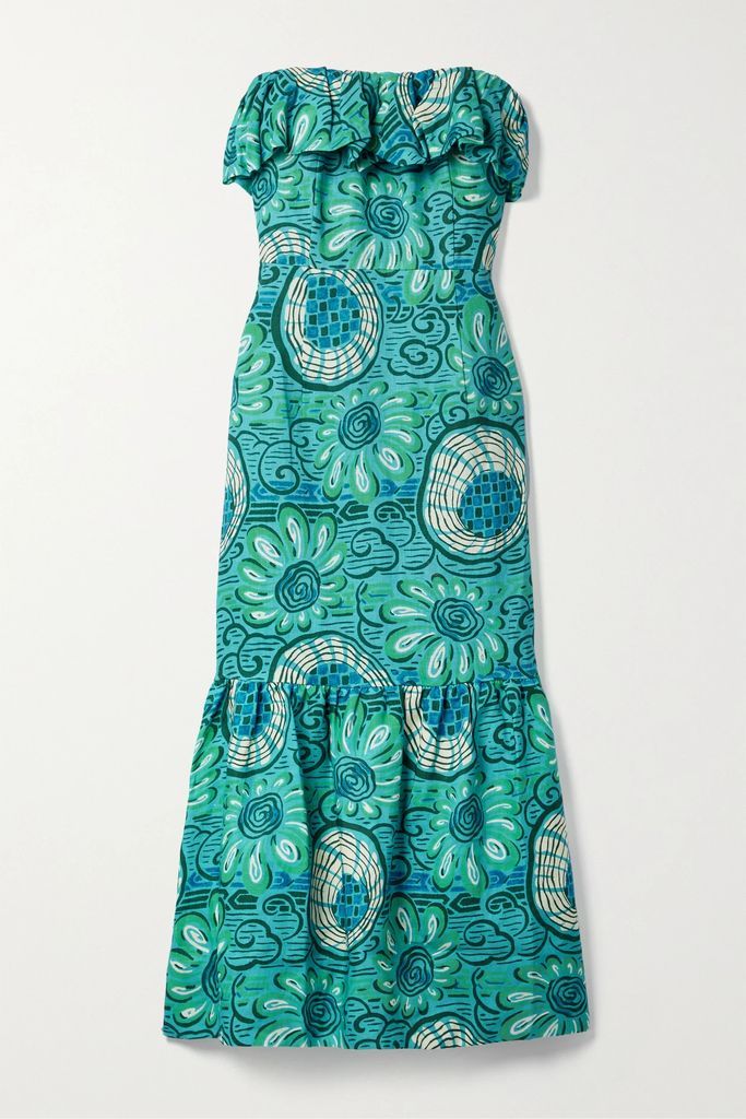 Thea Strapless Printed Linen Midi Dress - Blue