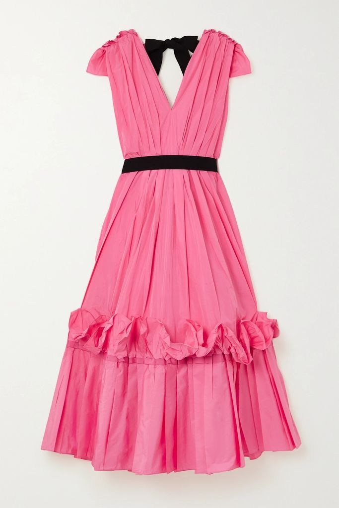 Tie-detailed Ruffled Pleated Taffeta Midi Dress - Pink
