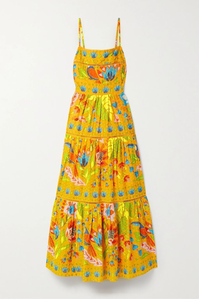Tiered Crochet-trimmed Printed Fil Coupé Cotton Maxi Dress - Yellow