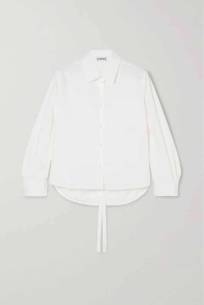 Trapeze Embroidered Tie-detailed Cotton-poplin Shirt - White