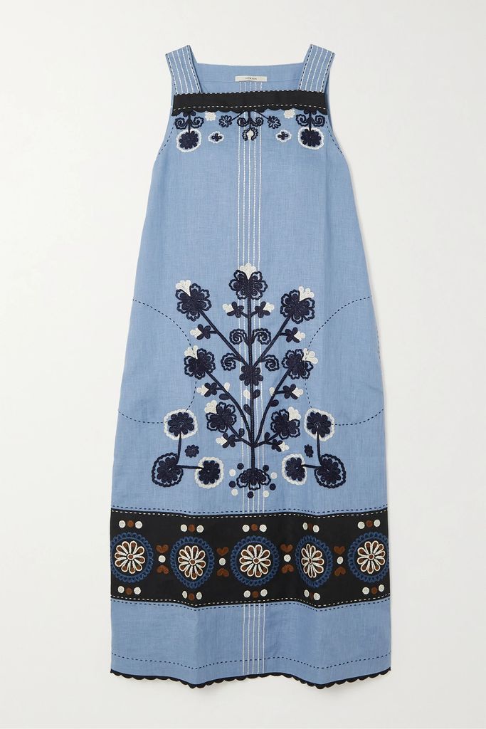 Ulya Embroidered Linen Midi Dress - Blue