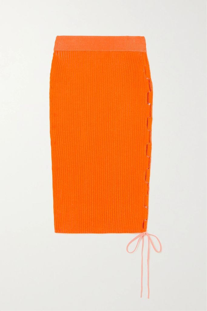Vanise Lace-up Ribbed-knit Midi Skirt - Orange