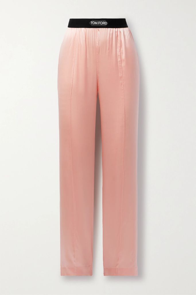 Velvet-trimmed Stretch-silk Satin Pants - Pink