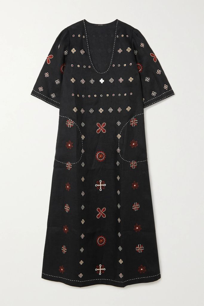 Venezia Embroidered Linen Midi Dress - Black