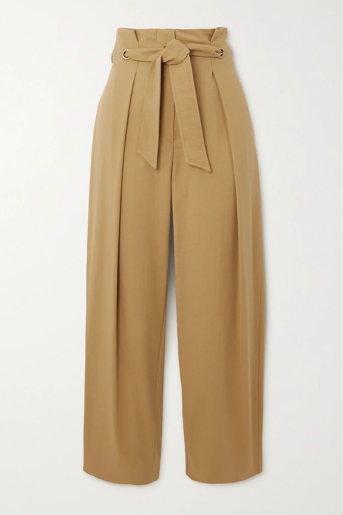 Verna Cropped Belted Pleated Cotton-blend Tapered Pants - Bronze