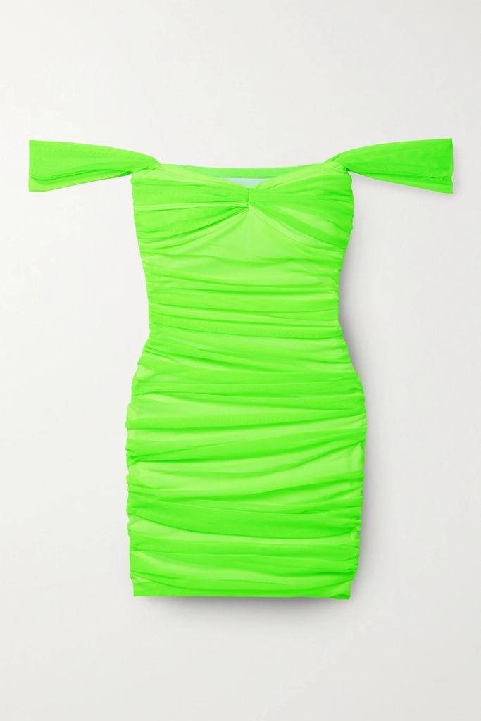 Walter Off-the-shoulder Ruched Neon Stretch-mesh Mini Dress - Green