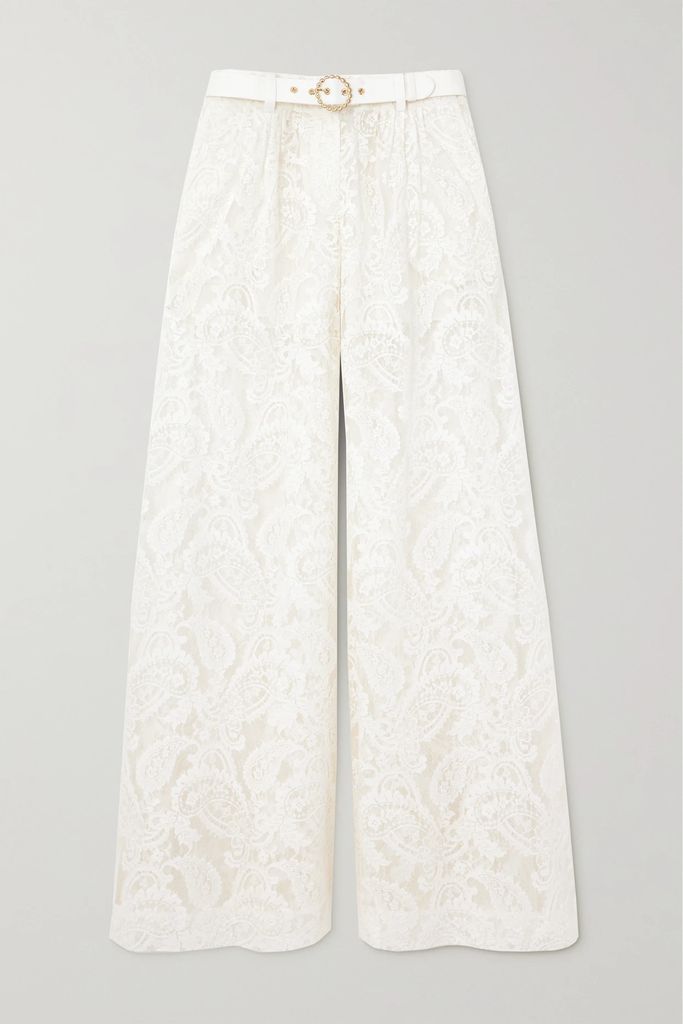 Wonderland Belted Cotton-blend Lace Wide-leg Pants - Ivory