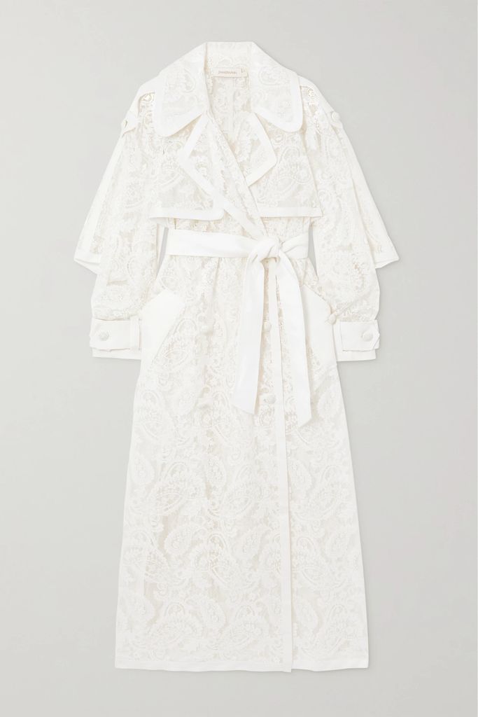 Wonderland Belted Piqué-trimmed Cotton-blend Lace Trench Coat - Ivory