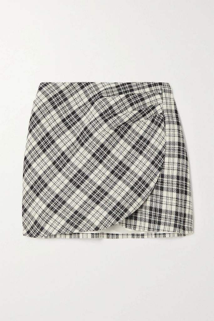 Wrap-effect Prince Of Wales Checked Wool Mini Skirt - Gray
