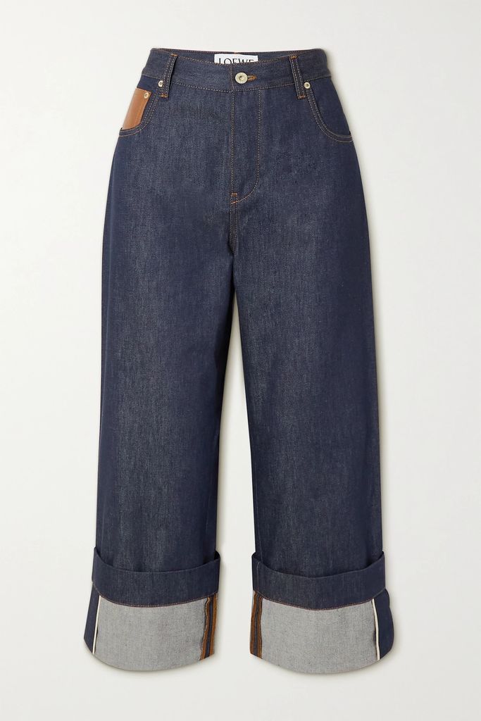 Cropped Leather-trimmed Straight-leg Jeans - Blue