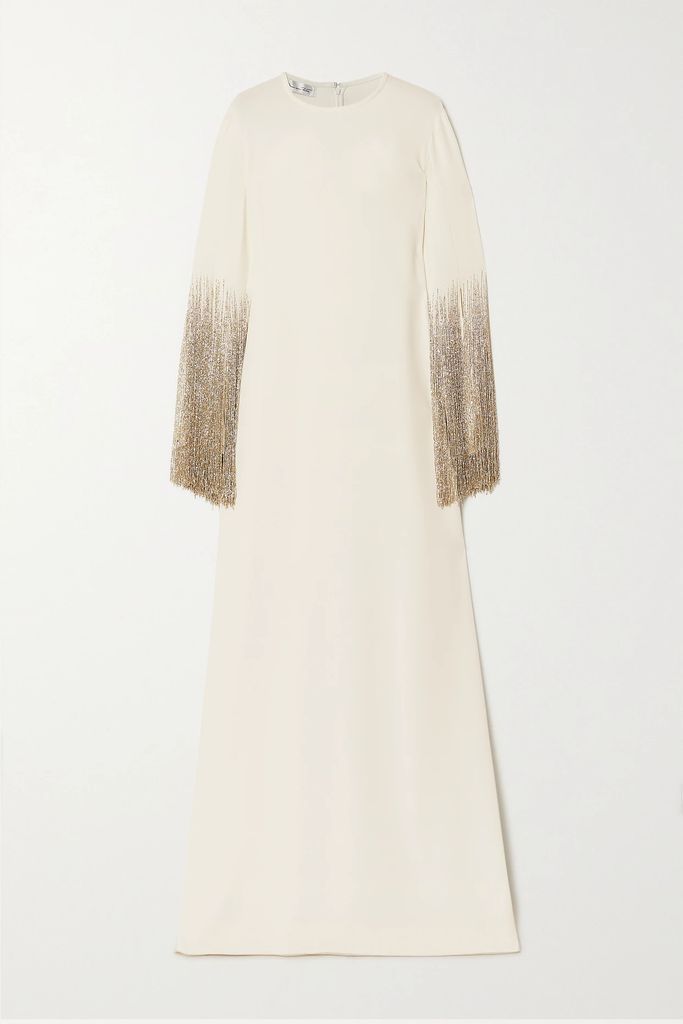 Fringed Embellished Silk-blend Gown - Ivory