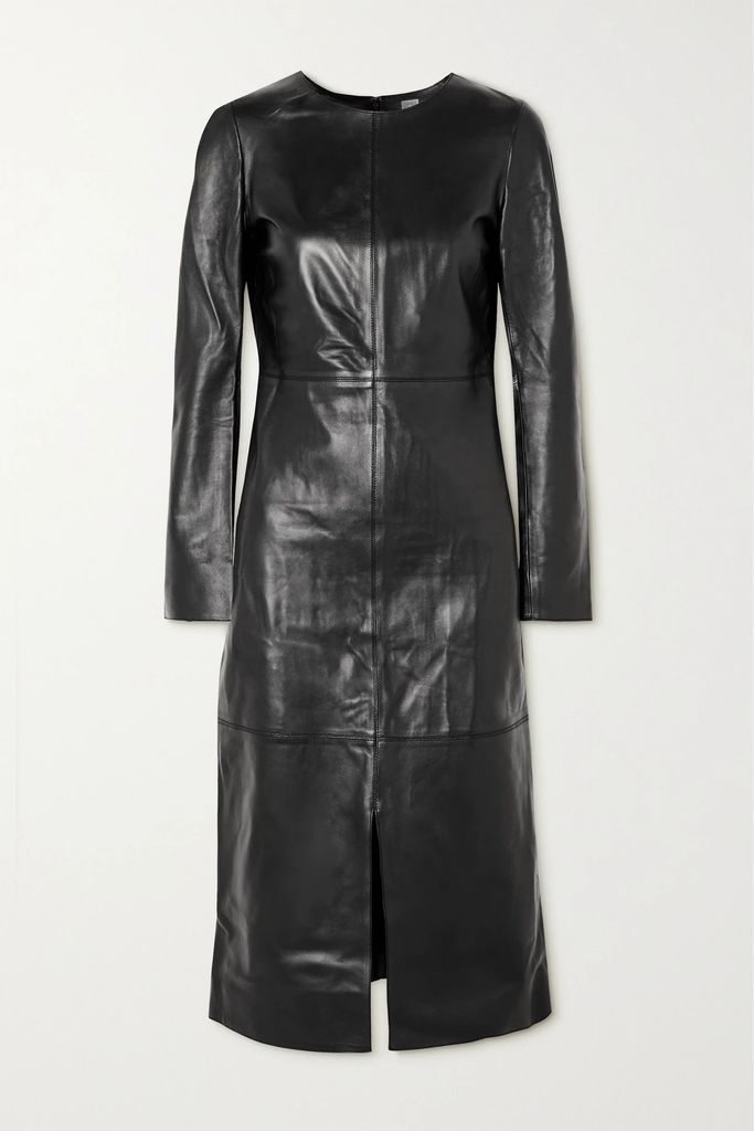 Paneled Leather Midi Dress - Black