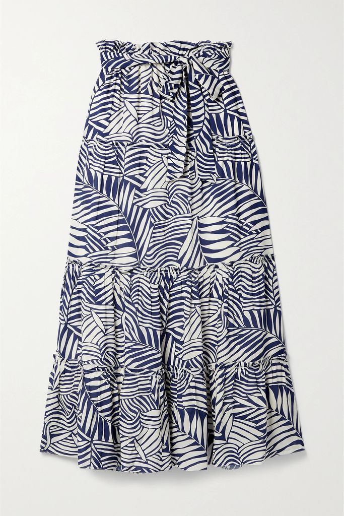 Belted Tiered Printed Ecovero-voile Maxi Skirt - Blue