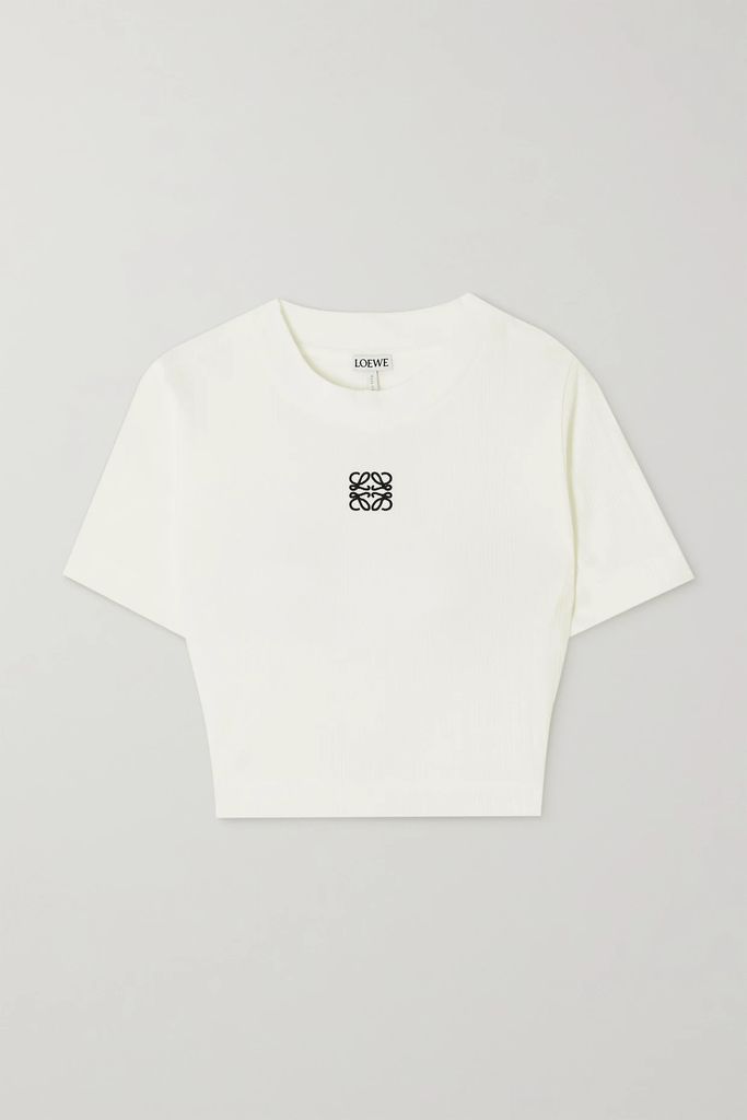 Anagram Cropped Embroidered Ribbed Cotton T-shirt - White