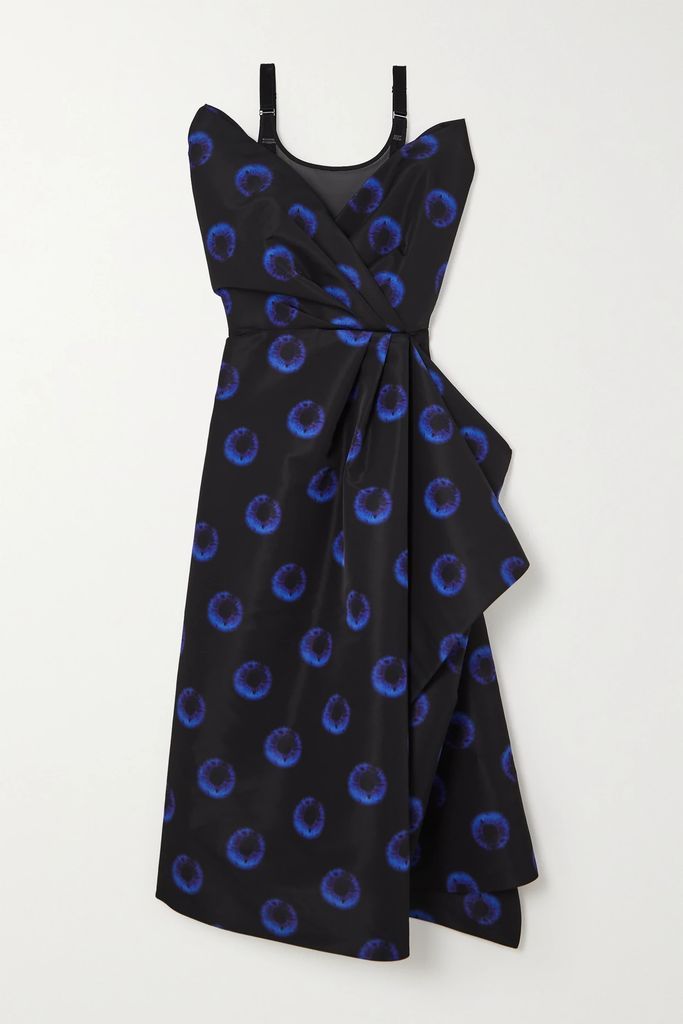 Asymmetric Mesh-trimmed Printed Faille Midi Dress - Midnight blue