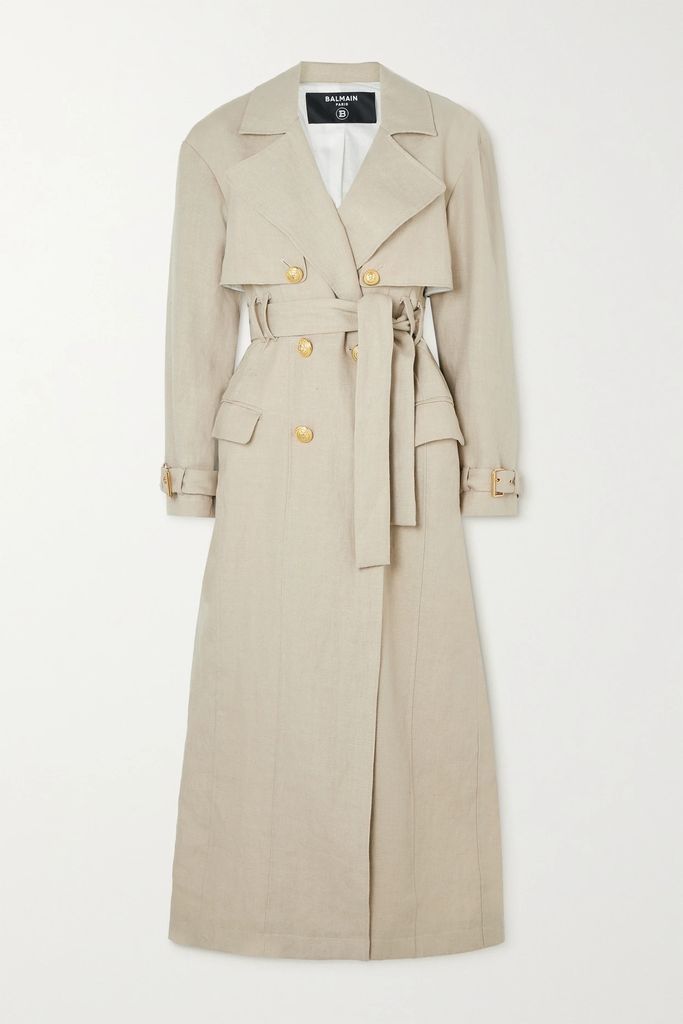 Belted Double-breasted Linen-blend Trench Coat - Beige