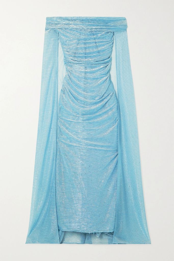 Cape-effect Sequin-embellished Metallic Voile Gown - Blue