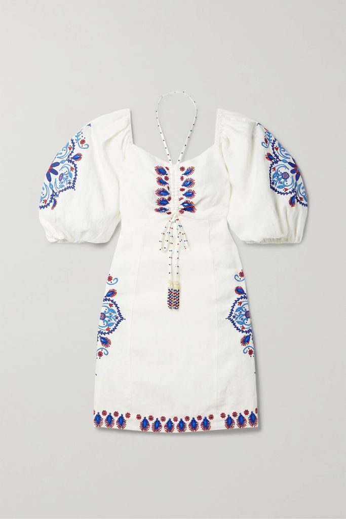 Embellished Embroidered Linen-blend Mini Dress - Off-white