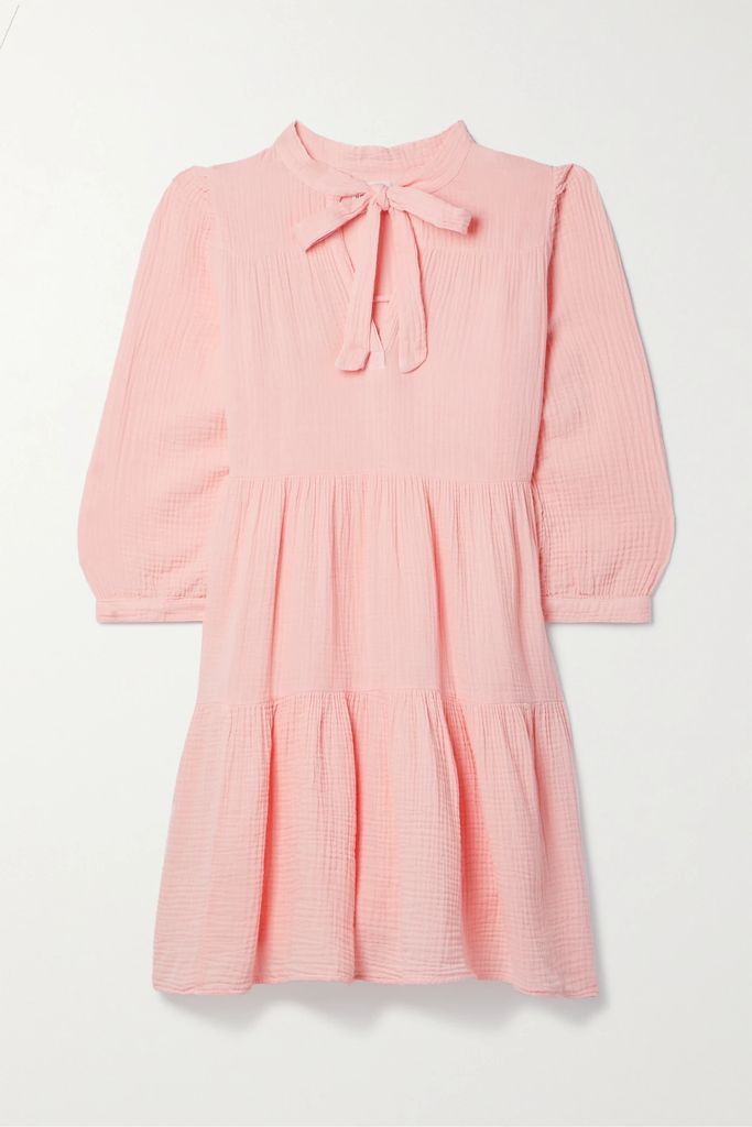 Giselle Bow-detailed Tiered Cotton-seersucker Mini Dress - Pastel pink