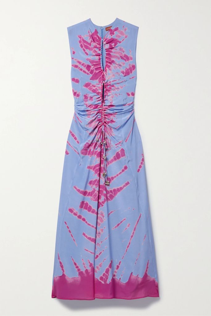 Kaya Asymmetric Ruched Cutout Tie-dyed Silk Crepe De Chine Maxi Dress - Light blue
