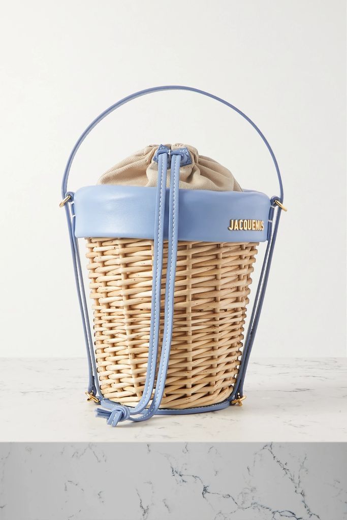 Le Panier Mini Leather-trimmed Raffia Bucket Bag - Light blue