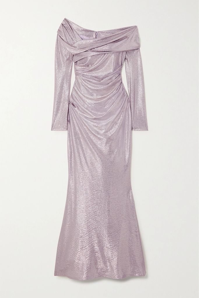 Off-the-shoulder Draped Metallic Woven Gown - Lilac