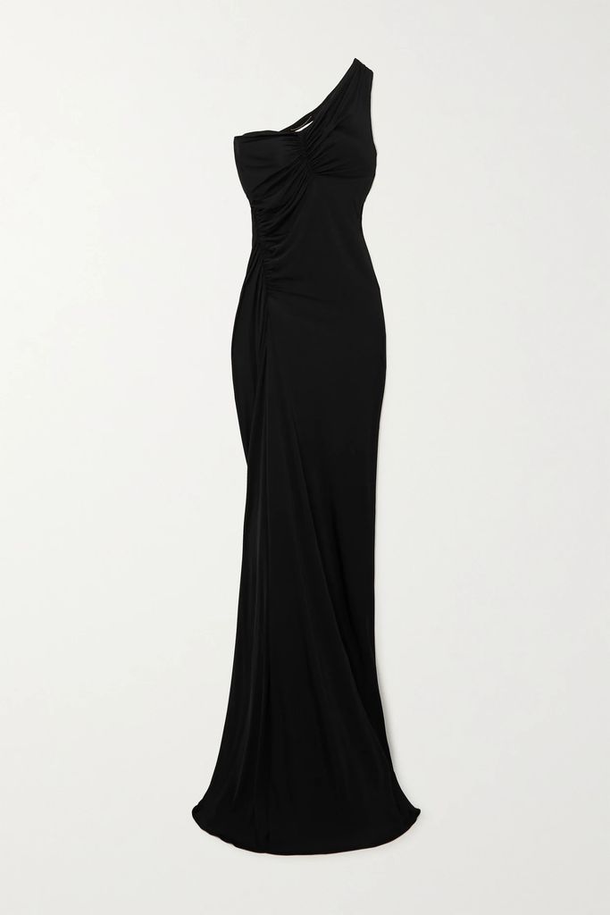 One-shoulder Ruched Stretch-jersey Gown - Black