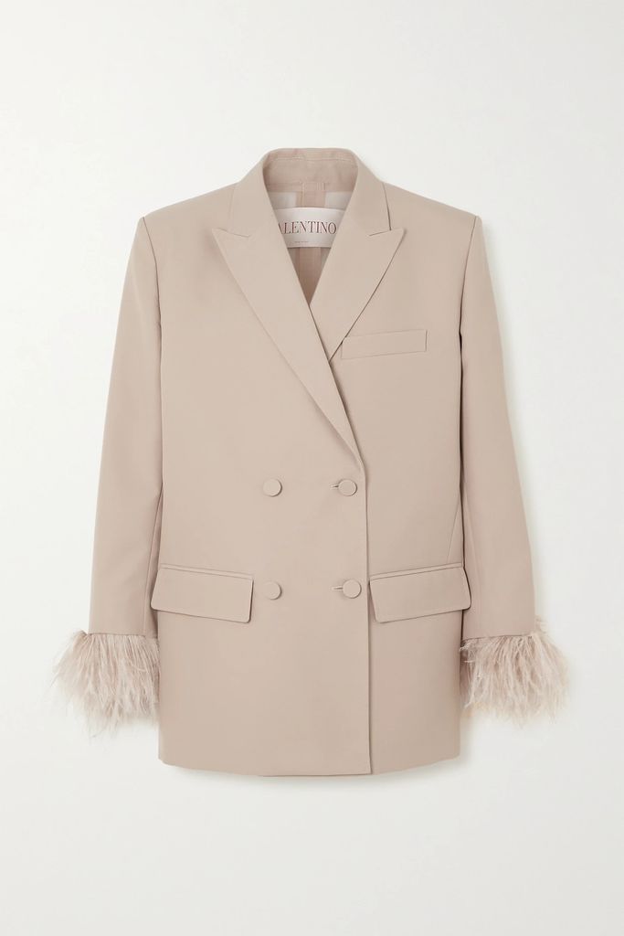 Oversized Double-breasted Feather-trimmed Woven Blazer - Sand