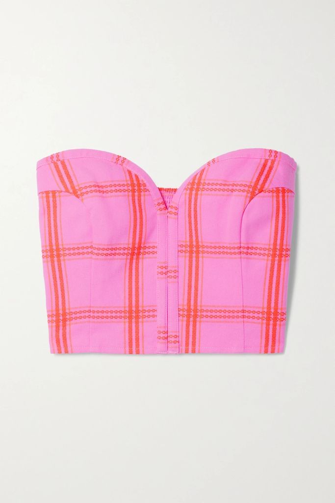 Rilynn Cropped Strapless Embroidered Checked Organic Cotton Top - Pink