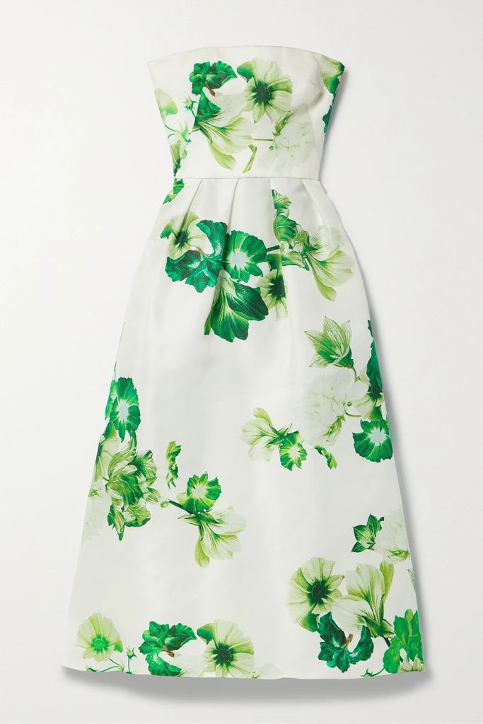 Strapless Pleated Floral-print Silk-piqué Midi Dress - White