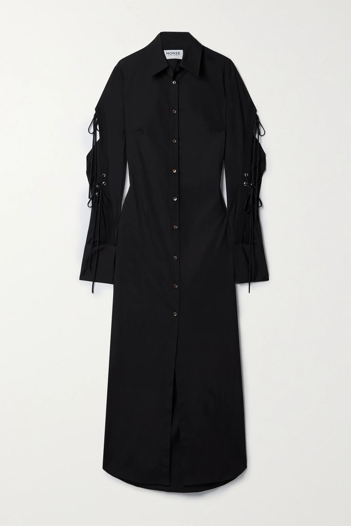 Lace-up Cotton-blend Poplin Maxi Shirt Dress - Black