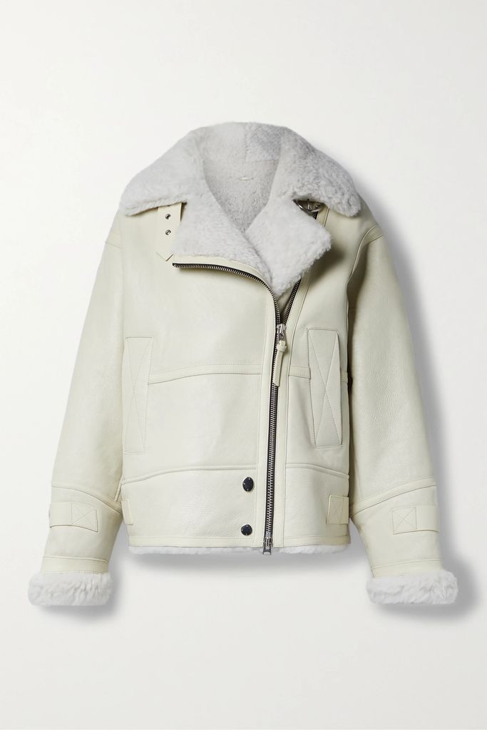 + Net Sustain Isla Leather-trimmed Shearling Jacket - Off-white