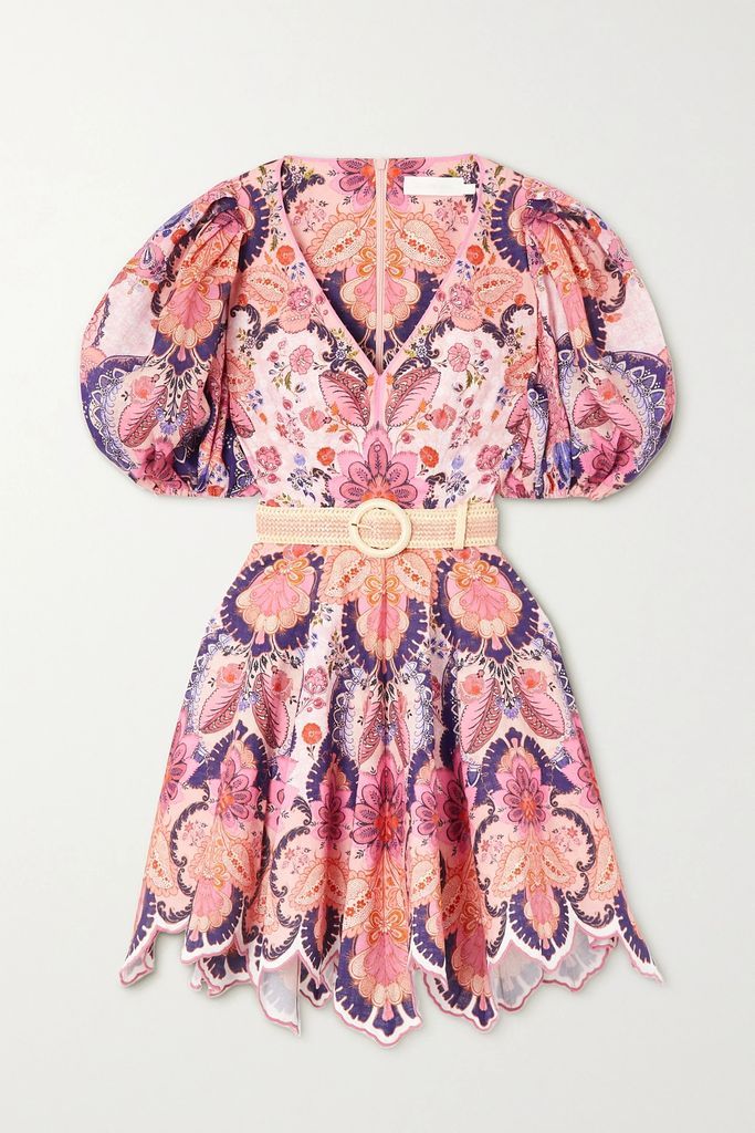 Laurel Belted Printed Linen Mini Dress - Pink