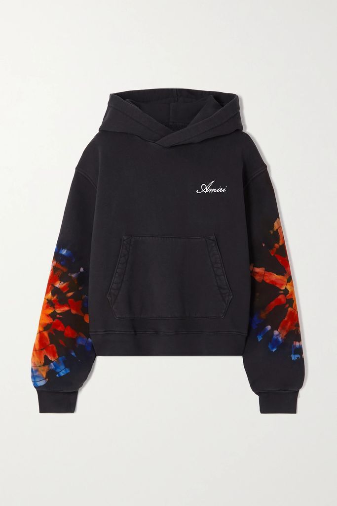 Embroidered Tie-dyed Cotton-jersey Hoodie - Charcoal