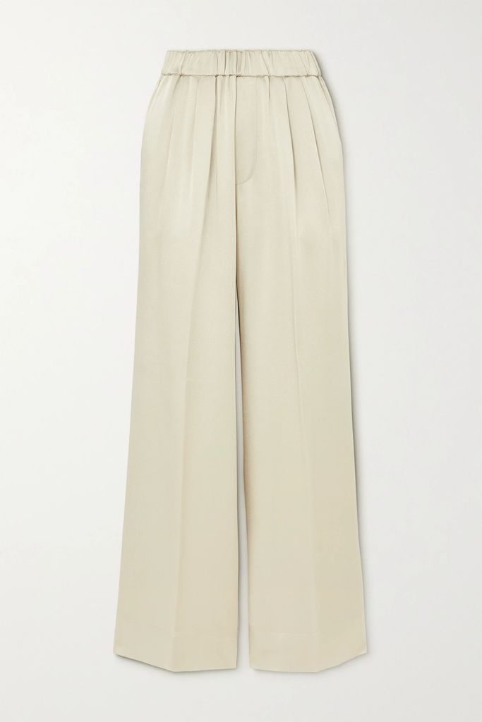 Pleated Satin Wide-leg Pants - Off-white