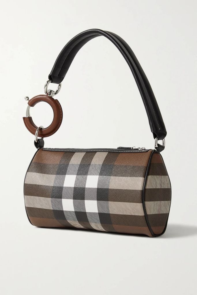 Leather-trimmed Checked Coated-canvas Shoulder Bag - Brown