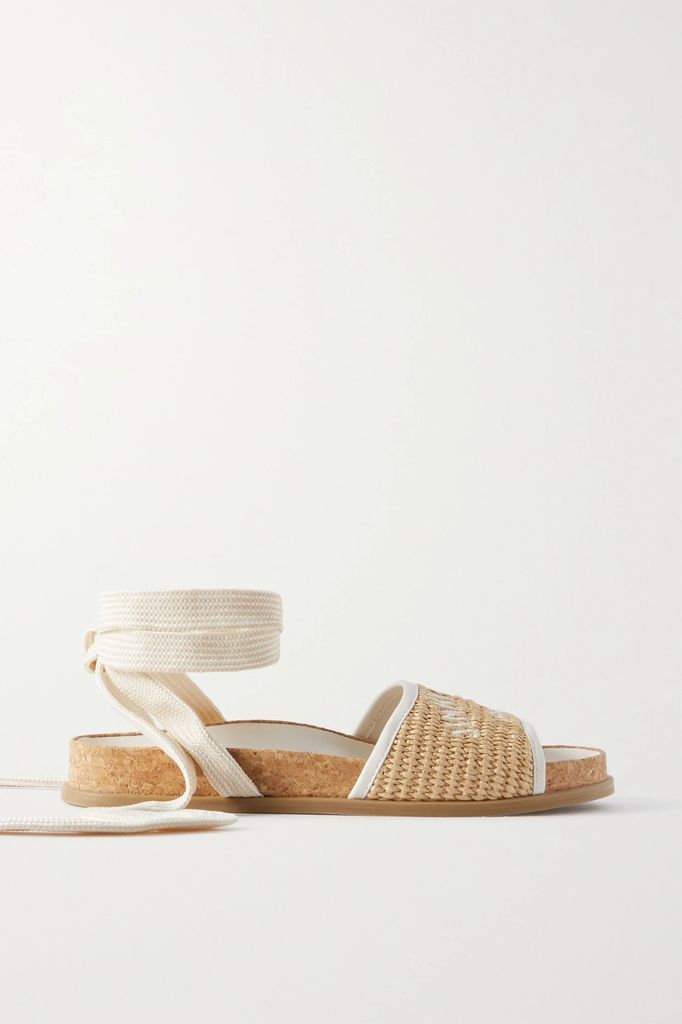 Gal Embroidered Leather-trimmed Raffia Sandals - Neutral